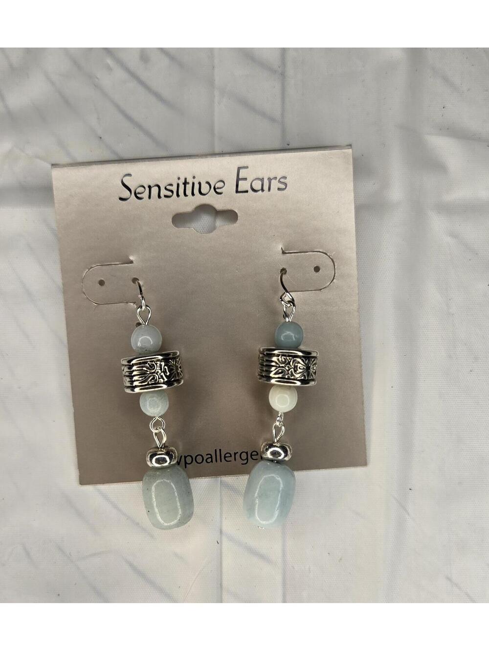 Hypoallergenic Silver Tone Dangle Earrings with Light Blue and White Beads